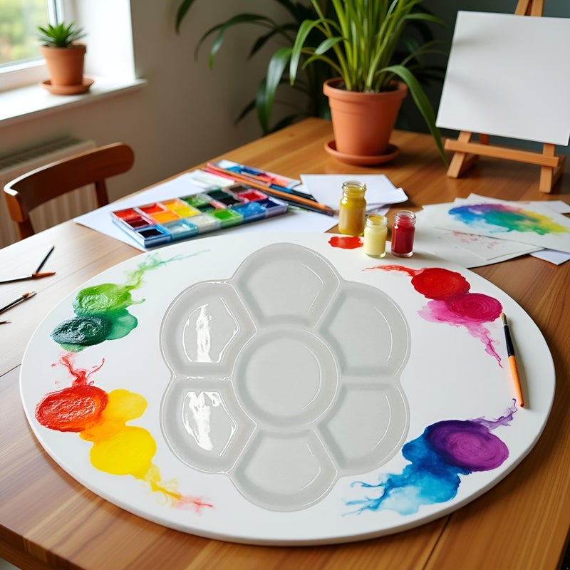 Zhuluck White Round Watercolor Paint Palette Tray Water Color Palletes Washable Paint Ceramic Paint Palette Porcelain Watercolor Palette for Watercolor Gouache Acrylic Oil Painting (7-Hole) - Image 2
